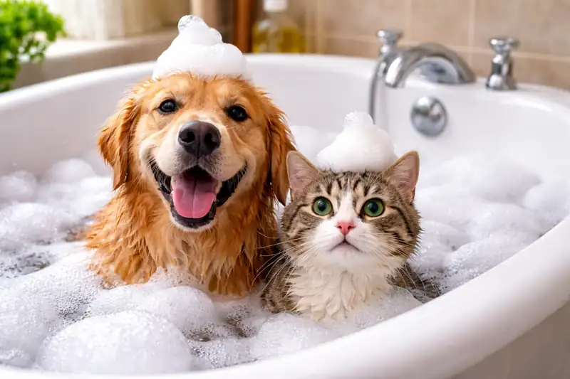 Hund und Katze im Schaumbad